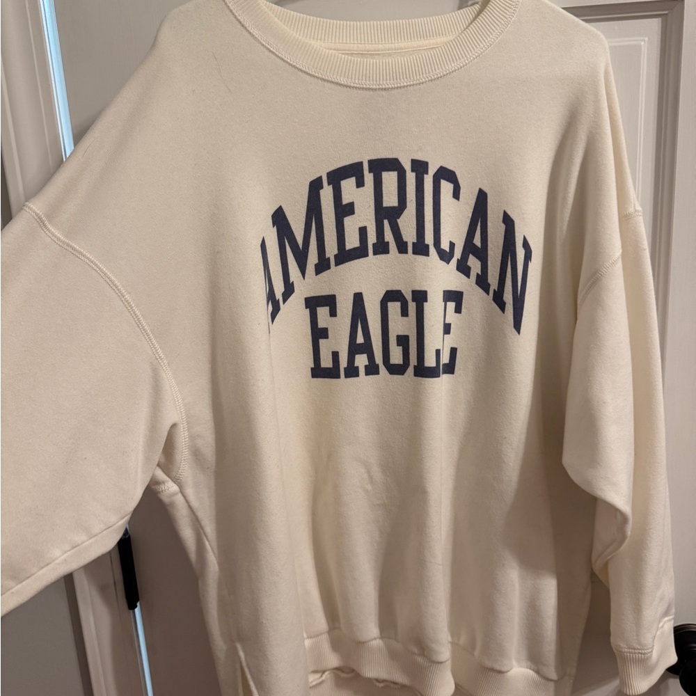 American Eagle Outfitters Cream Crewneck Sweatshirt with Navy Lettering